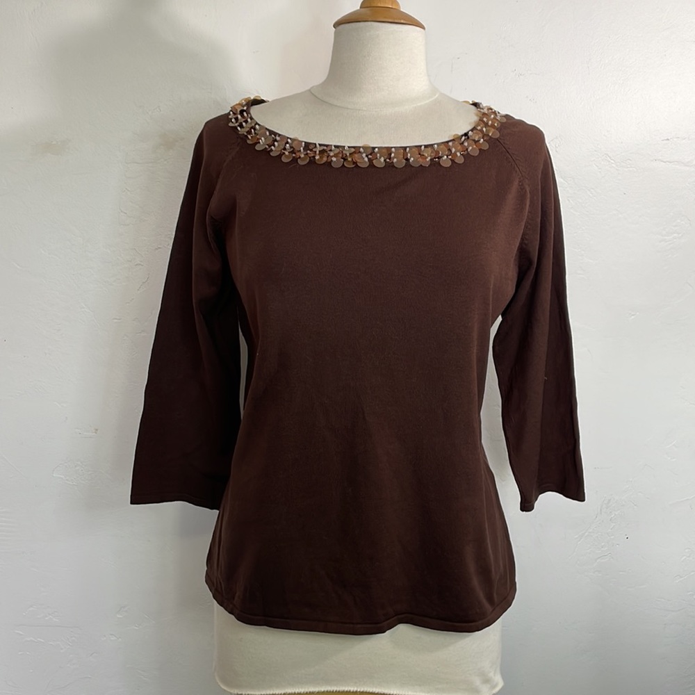 August Silk Brown Jeweled Knit Top Size XL NWT